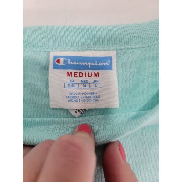 Champion Mint Green Embroidered Patch T-shirt Unisex Medium M - Picture 3 of 6